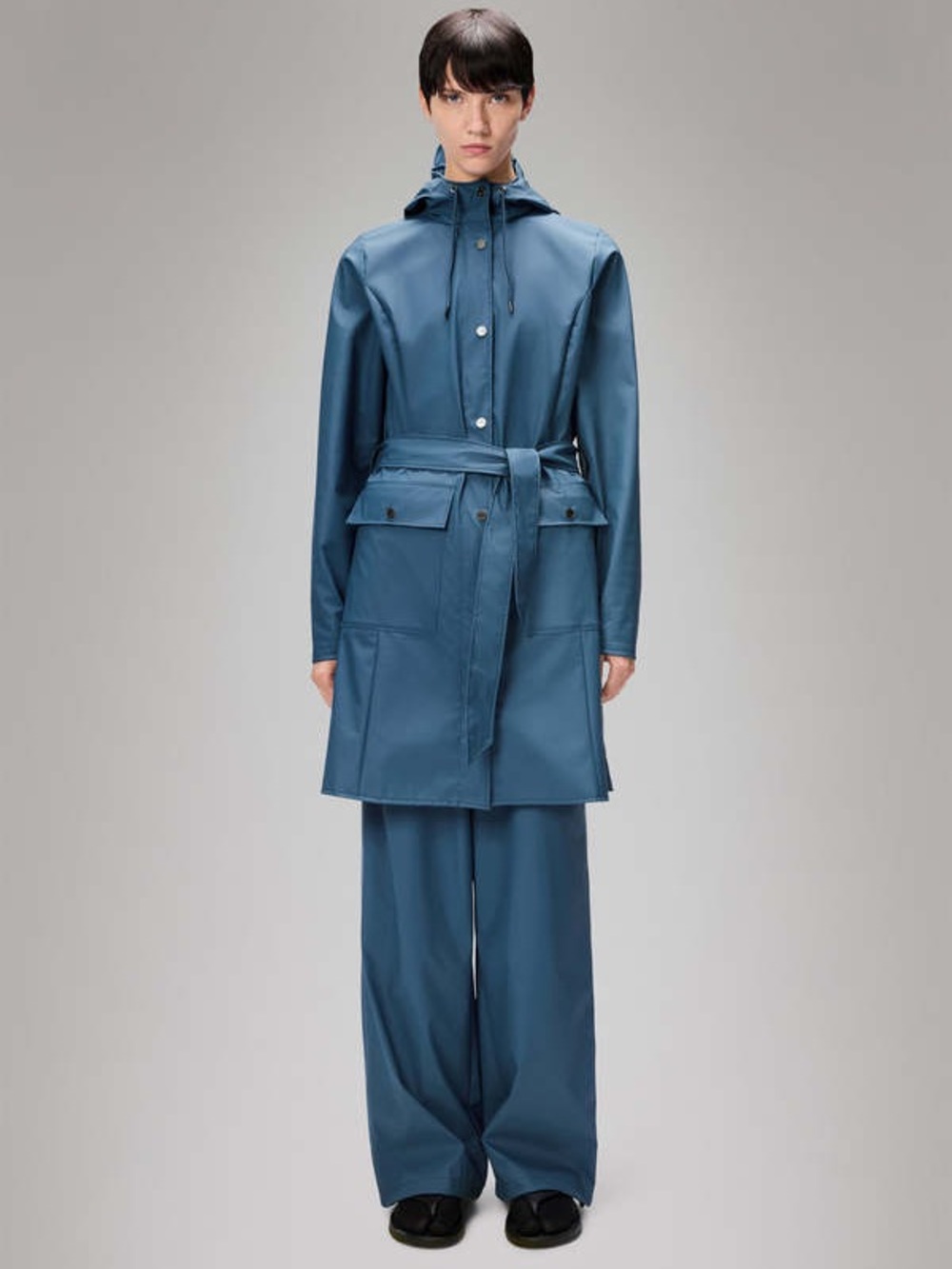 Rains Curve Long Jacket in Blue - Size XXS/XS